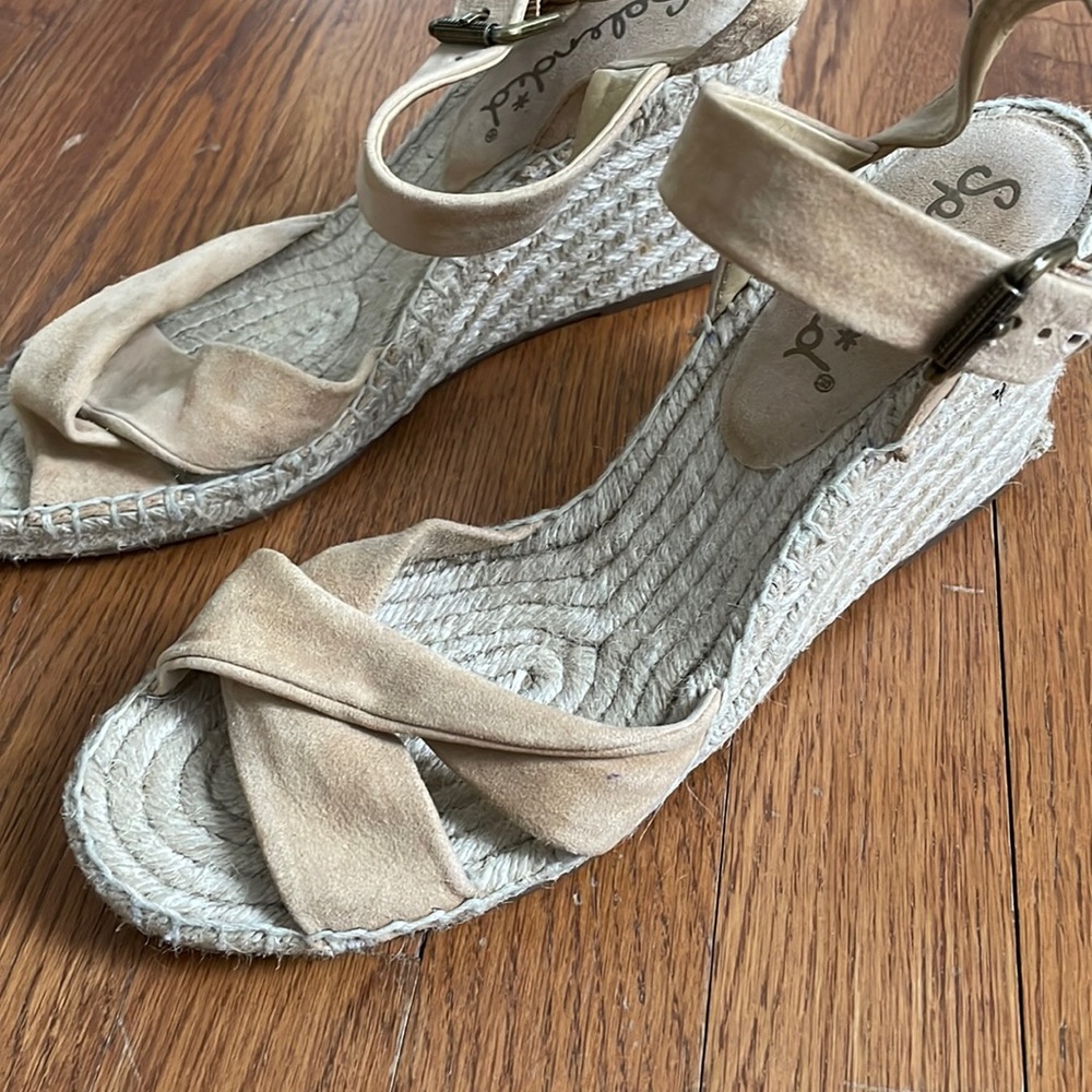 Splendid wedge sandals, suede straps with jute wrapped wedge heel